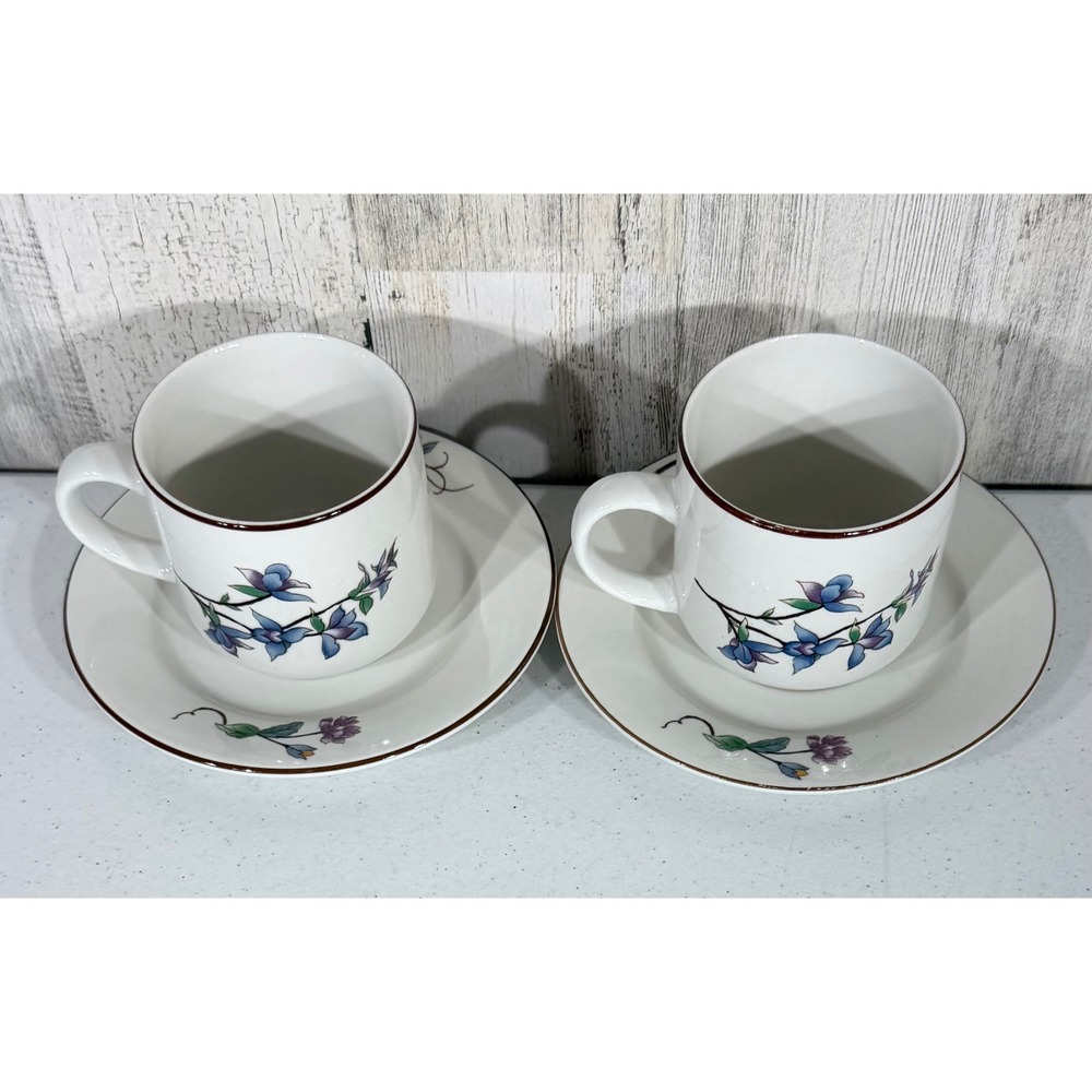 Woodhill by Citation Cup and Saucer 4 pc Set White Floral Yellow Blue Flowers